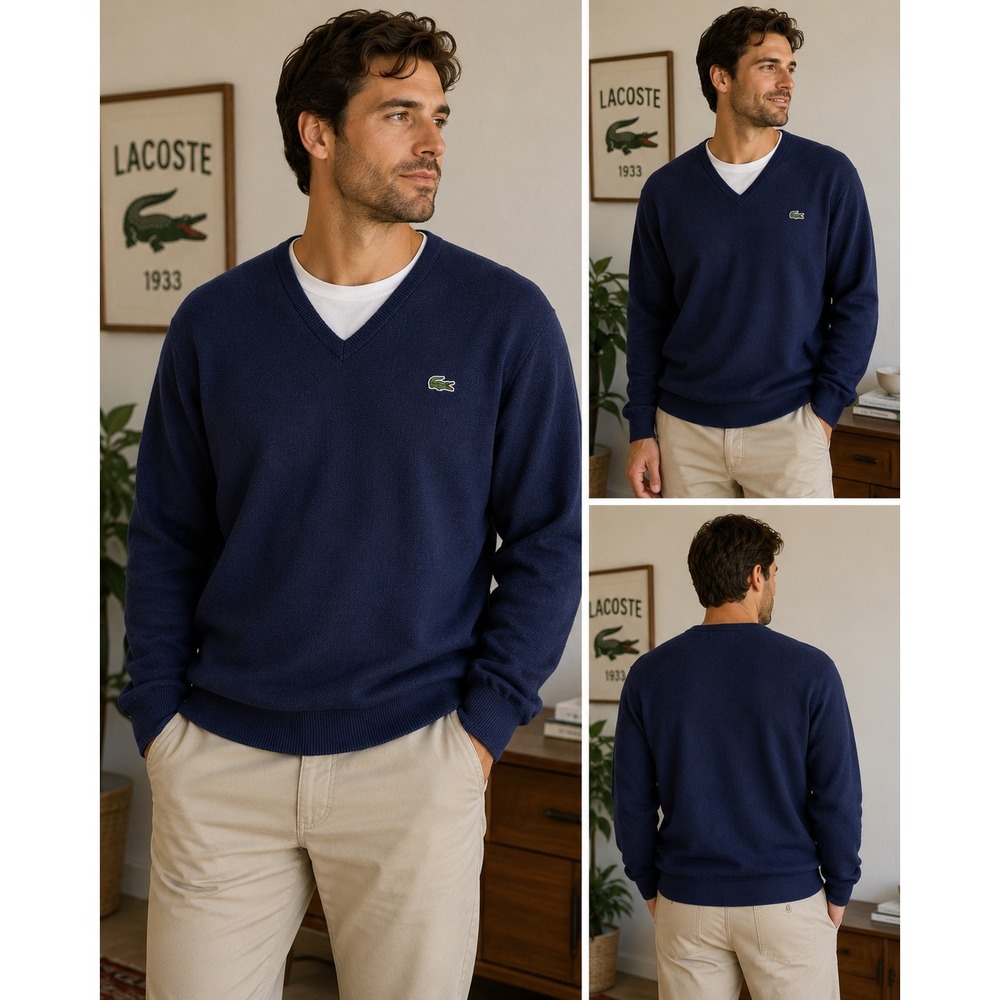 Izod Lacoste Sweater V-Neck Navy Blue 100% Orlon Acrylic Vintage Large